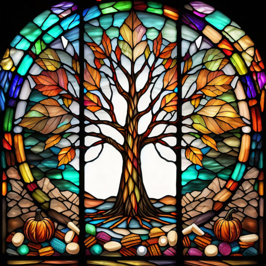 Faux Stained Glass Inspired, Autumn Tree, Fall Decor, Home Decor, Colorful Sign, Metal Sign, Sublimation Sign, Wreath Supplies (Square)