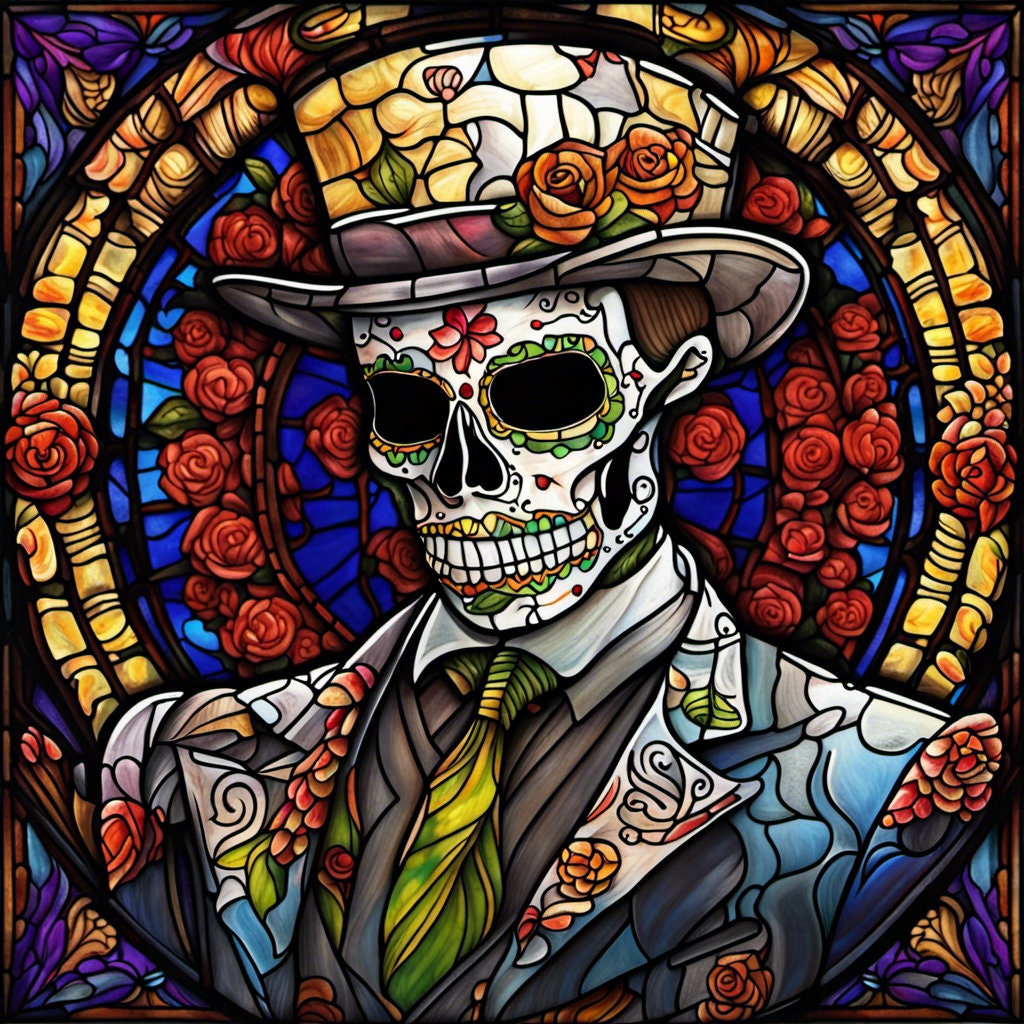 Day of the Dead, Dia de los Muertos, Faux Stained Glass Inspired, Hombre, Metal Sign, Sublimation Sign, Wreath Attachment (Square)