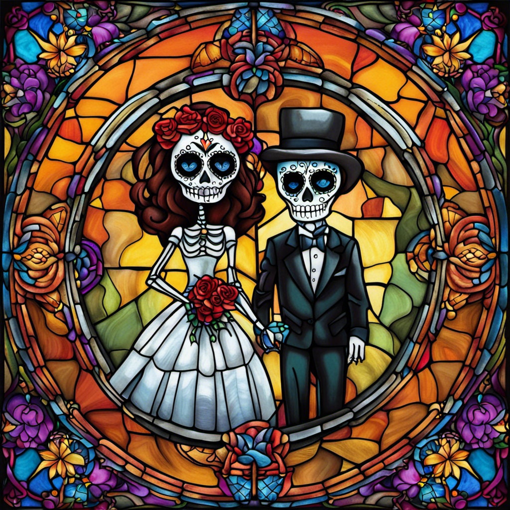 Stained Glass Inspired Metal Sign, Sublimation Sign, Wreath Sign, Home Decor, Custom Sign, Stained Glass Style Wall Art, Day of the Dead, Dia de los Muertos, Bride & Groom, Metal Sign (Square)