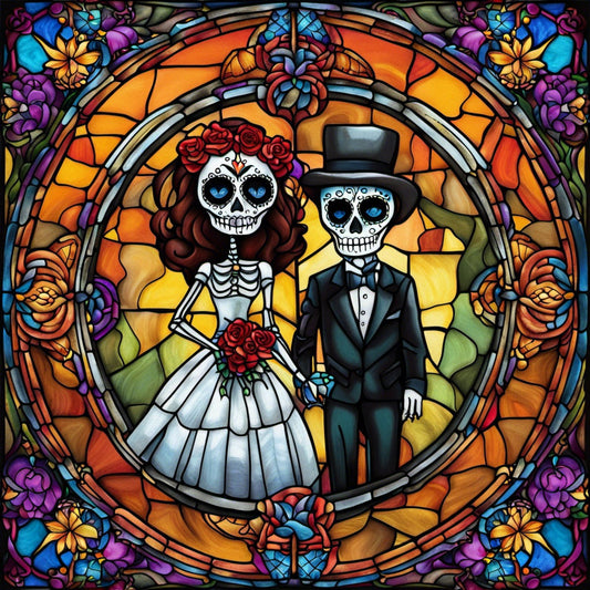 Stained Glass Inspired Metal Sign, Sublimation Sign, Wreath Sign, Home Decor, Custom Sign, Stained Glass Style Wall Art, Day of the Dead, Dia de los Muertos, Bride & Groom, Metal Sign (Square)