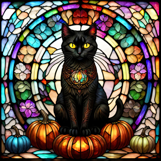 Black Cat, Faux Stained Glass Inspired, Halloween Sign, Fall Decor, Cat Lovers, Metal Sign, Sublimation Sign, Wreath Supplies (Square)