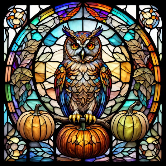 Faux Stained Glass Inspired, Halloween Sign, Pumpkins, Owl, Sublimation Sign, Metal Sign, Wreath Attachment, Wreath Supplies (Square)