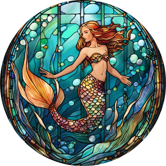 Mermaid, Nautical, Stained Glass Inspired, Metal Wreath Sign, Sublimation Sign, Home Decor (Round)