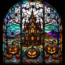 Load image into Gallery viewer, Stained Glass Haunted House &amp; Pumpkins (Square)

