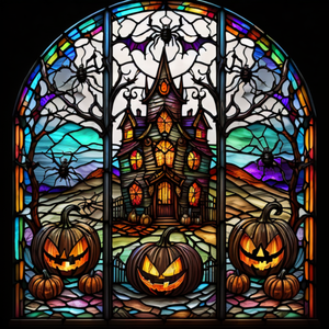 Stained Glass Haunted House & Pumpkins (Square)