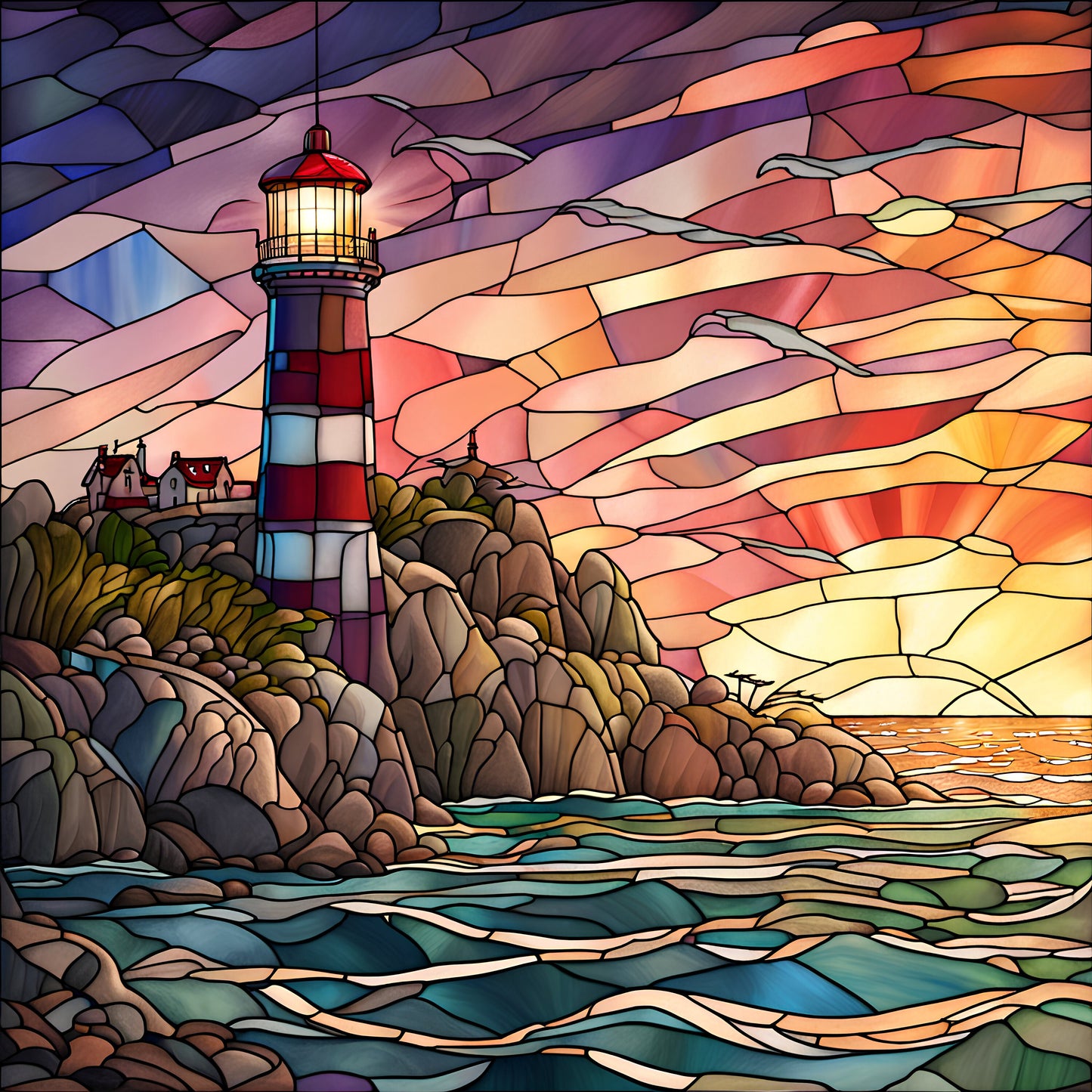 Lighthouse, Faux Stained Glass Inspired, Sunset Landscape, Sublimation Sign, Metal Sign, Wreath Attachment, Wreath Supplies (Square)