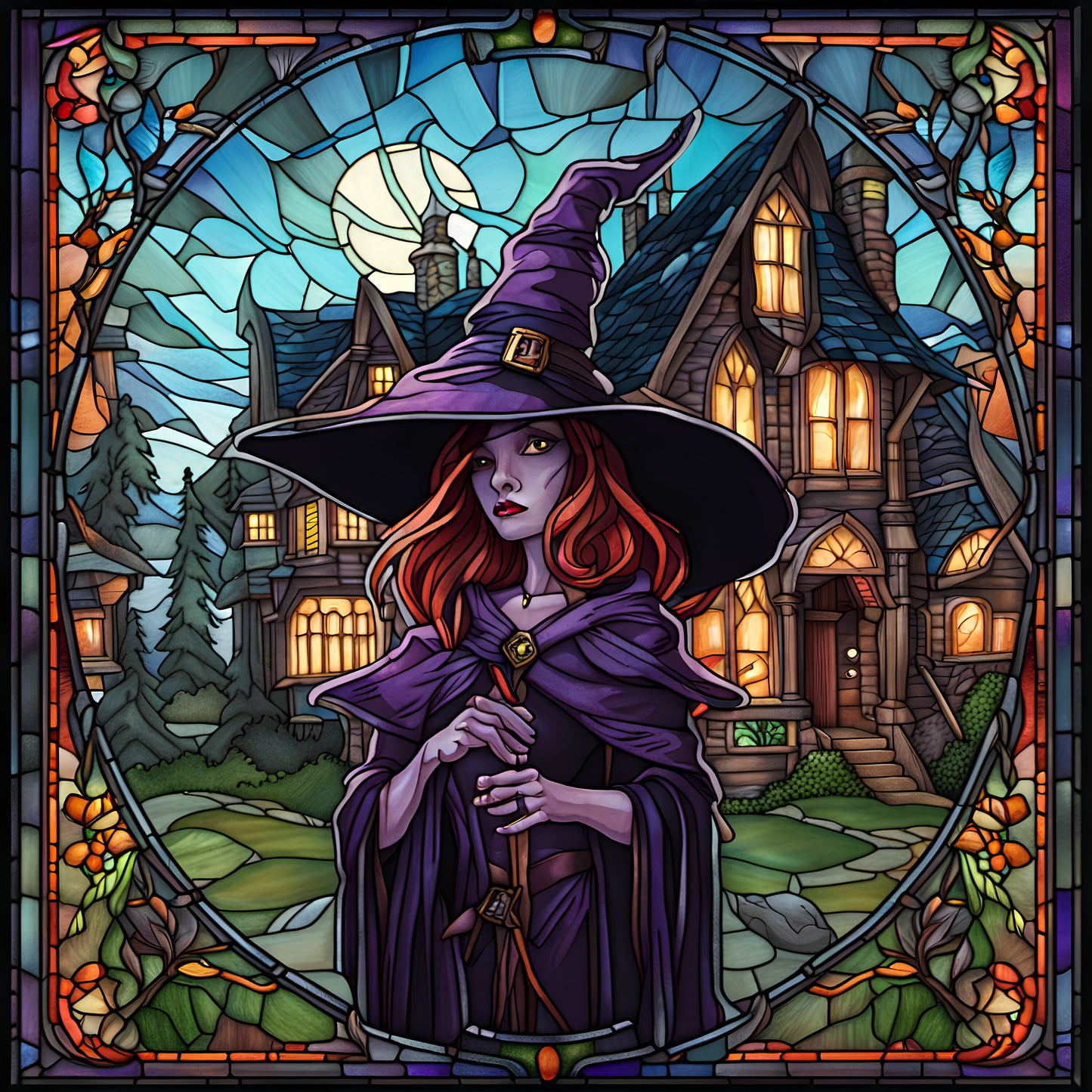 Spooky Witch, Haunted House, Faux Stained Glass Inspired, Halloween Sign, Metal Sign, Sublimation Sign, Wreath Attachment (Square)