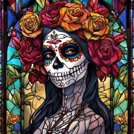 Day of the Dead, Dia de Muertos, Mujer, Faux Stained Glass Inspired, Metal Sign, Sublimation Sign, Wreath Attachment (Square)