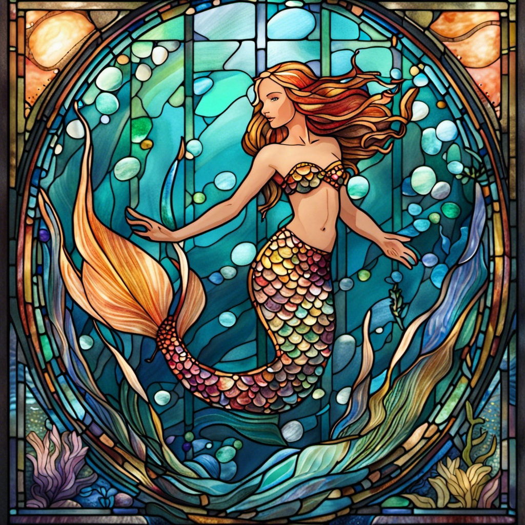 Mermaid, Nautical, Stained Glass Inspired, Metal Sign, Sublimation Sign, Home Decor, Wreath Enhancements, Crafts (Square)