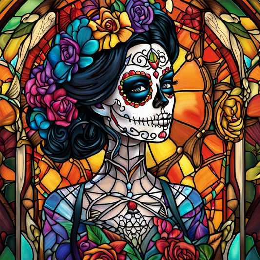 Dia de Muertos, Day of the Dead,  Faux Stained Glass Inspired, Mujer, Sublimation Sign, Metal Wreath Sign, Wreath Attachment (Square)