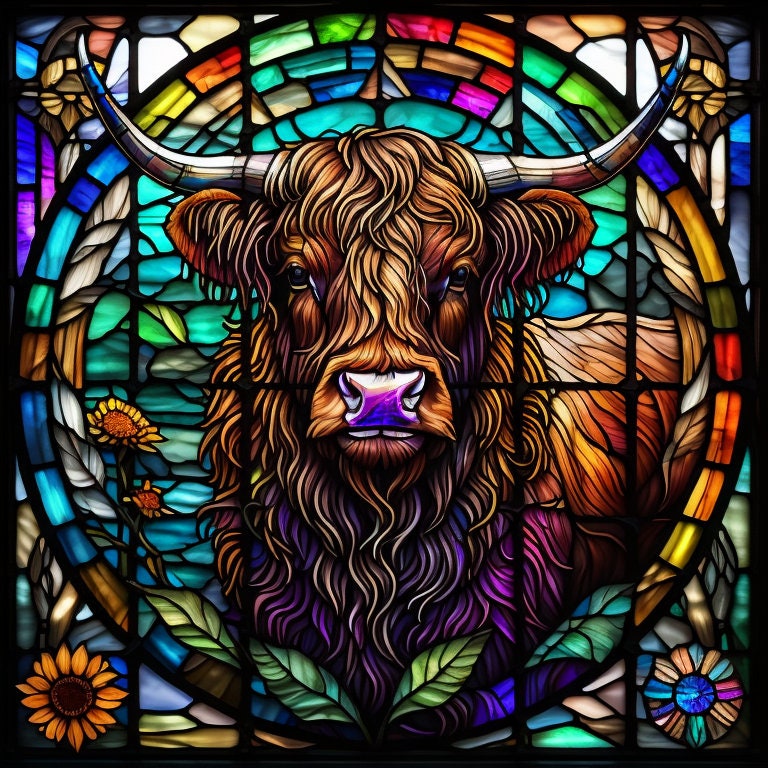 Highland Cow, Faux Stained Glass Inspired, Farmhouse Sign, Sublimation Sign, Metal Sign, Birthday Gifts, Wreath Supplies (Square)