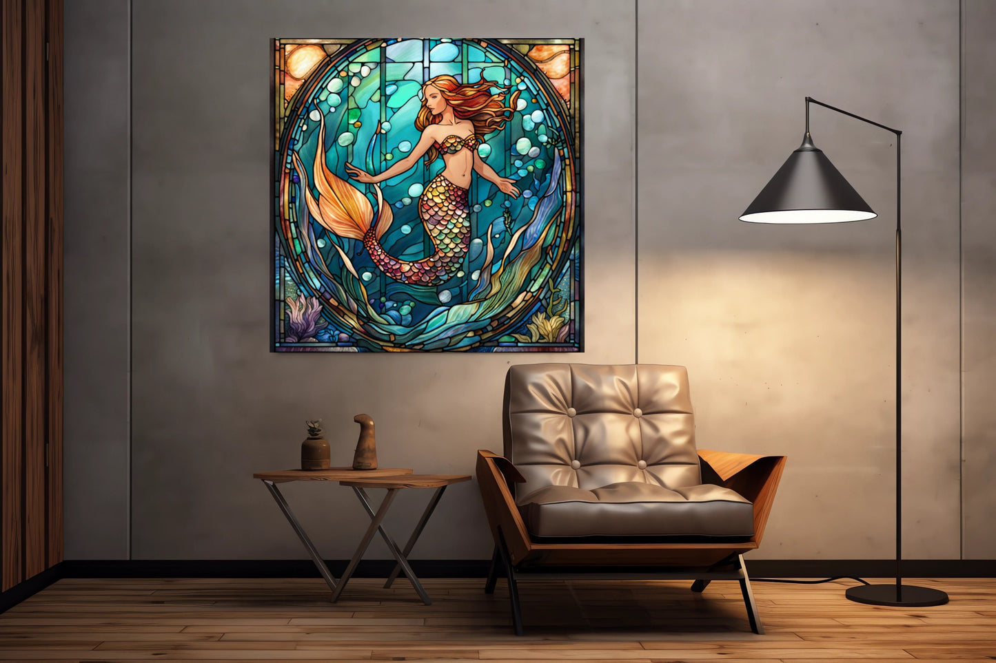 Mermaid, Nautical, Stained Glass Inspired, Metal Sign, Sublimation Sign, Home Decor, Wreath Enhancements, Crafts (Square)